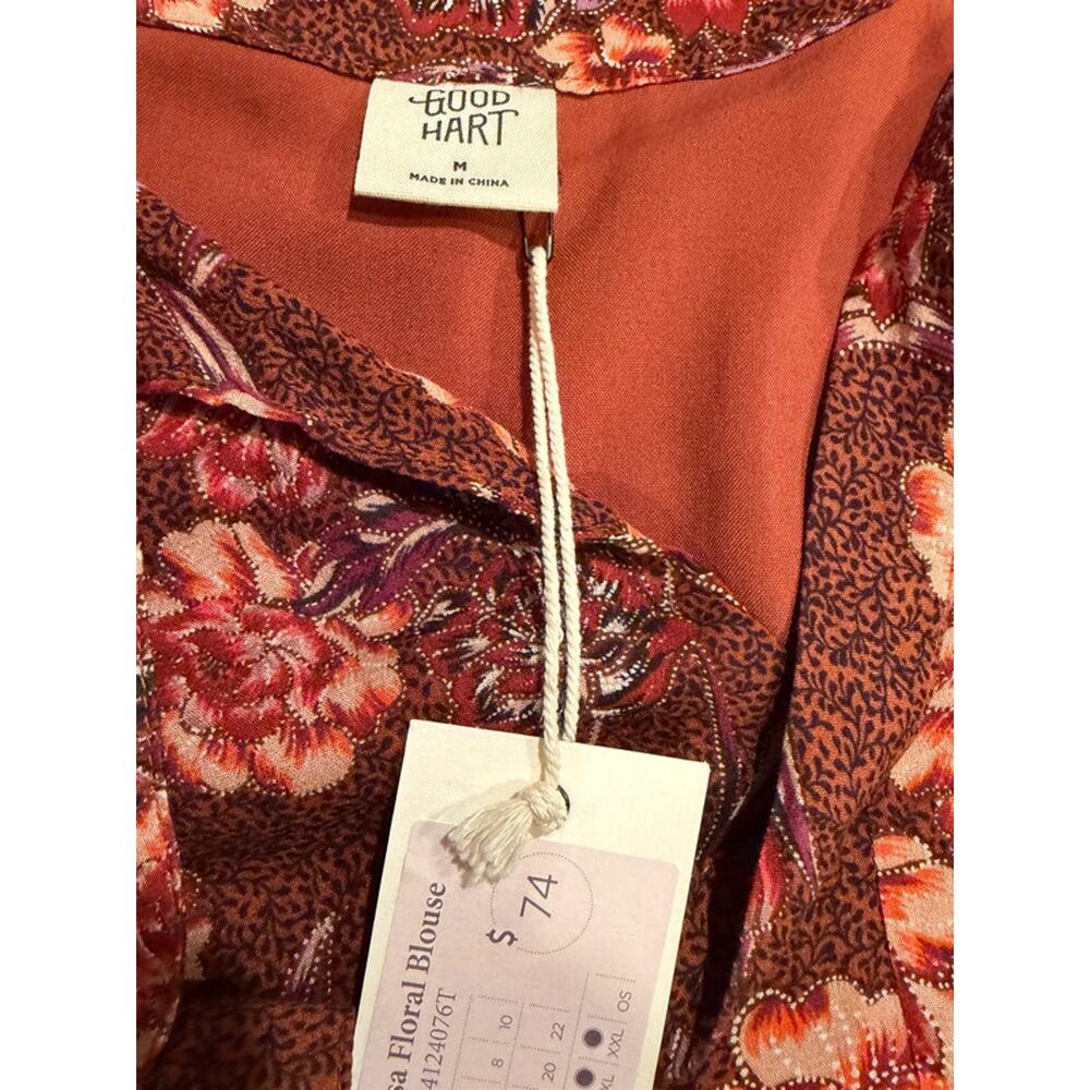Good Hart Floral Boho Midi Dress Burgundy Rust Red Tie Neck Rayon Medium M - Picture 8 of 11